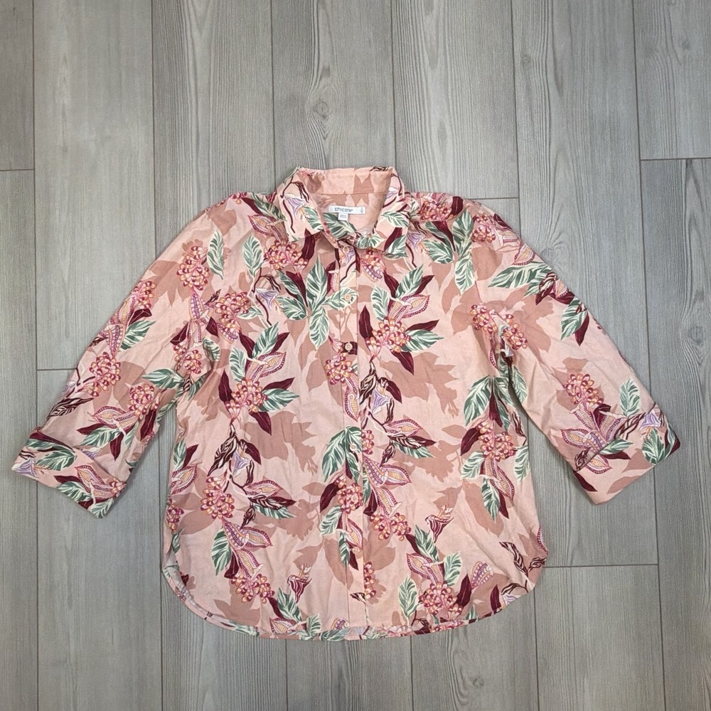 Chicos Nonโ Iron Button Shirt 2 Large Stretch Floral Blush Pink 3/4 Sleeve